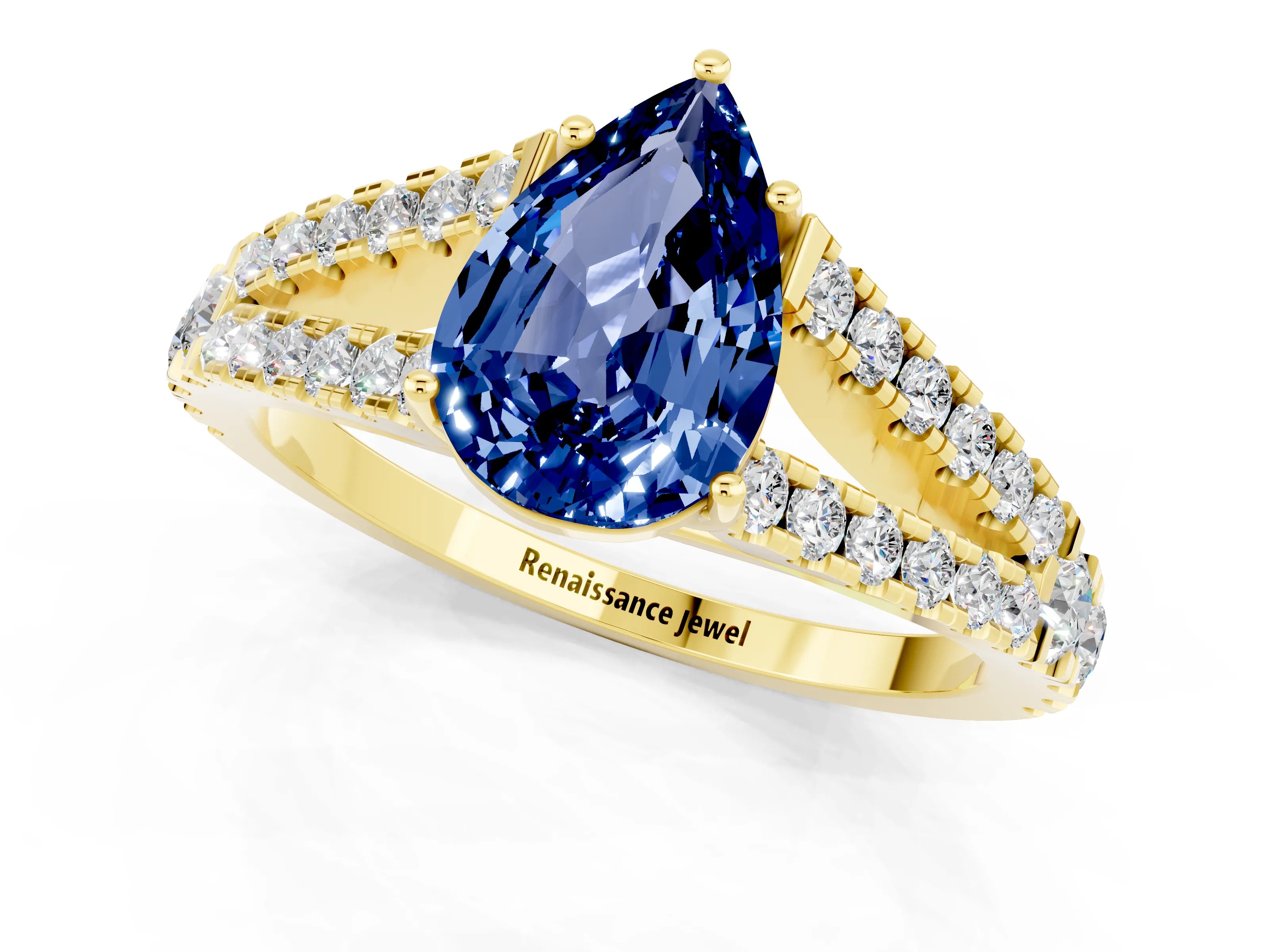 Yellow gold Pear Cut Blue Sapphire Split Shank Pavé Engagement Ring with Four-Prong Setting_13