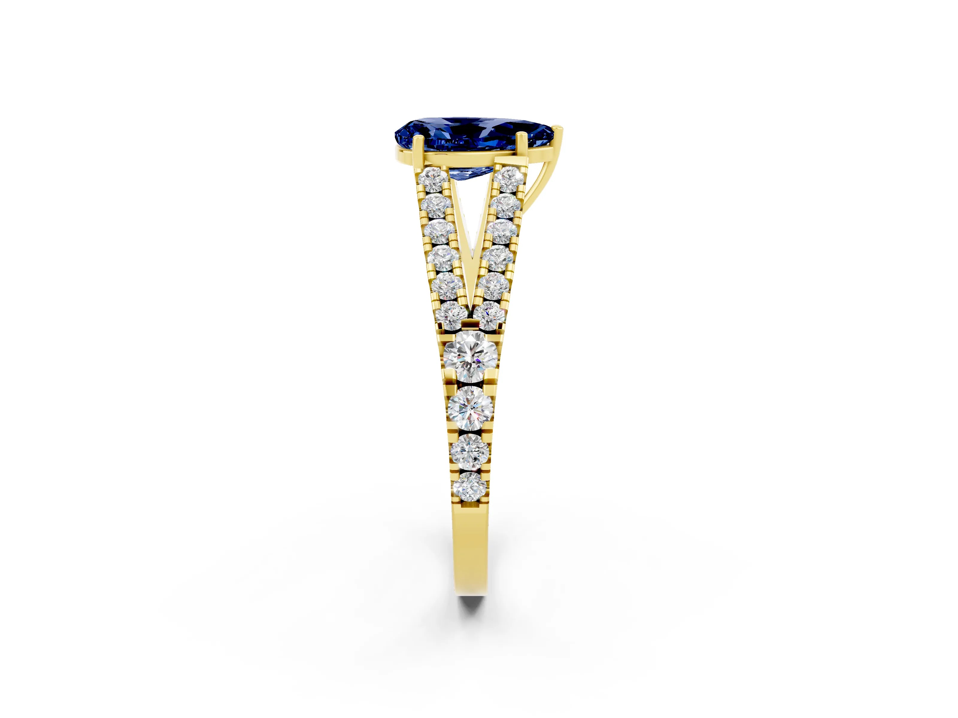 Yellow gold Pear Cut Blue Sapphire Split Shank Pavé Engagement Ring with Four-Prong Setting_14
