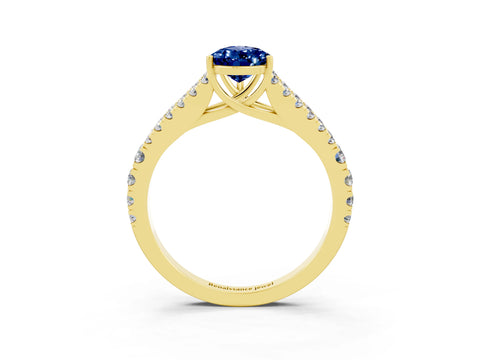 Yellow gold Pear Cut Blue Sapphire Split Shank Pavé Engagement Ring with Four-Prong Setting_15