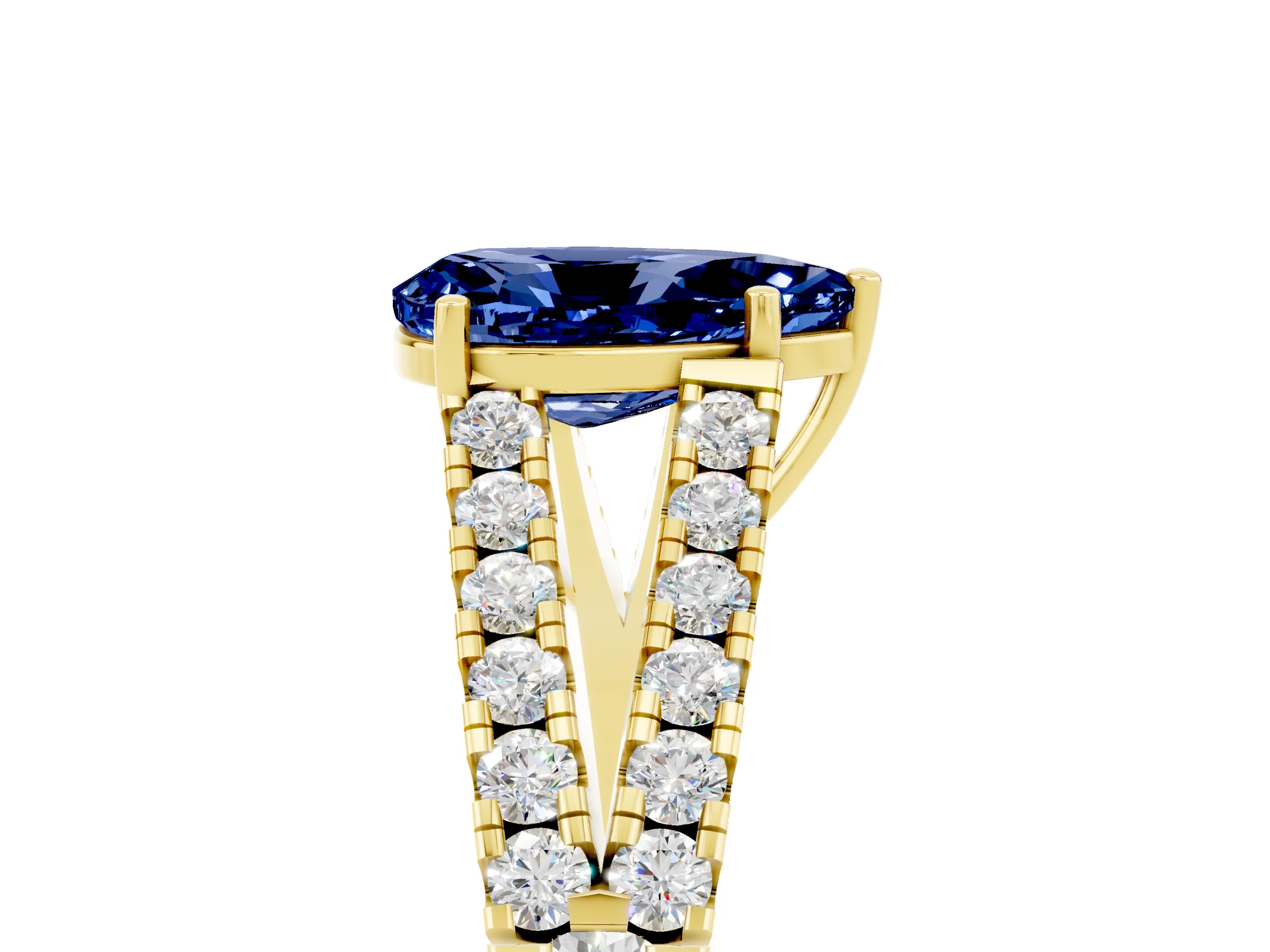 Yellow gold Pear Cut Blue Sapphire Split Shank Pavé Engagement Ring with Four-Prong Setting_17