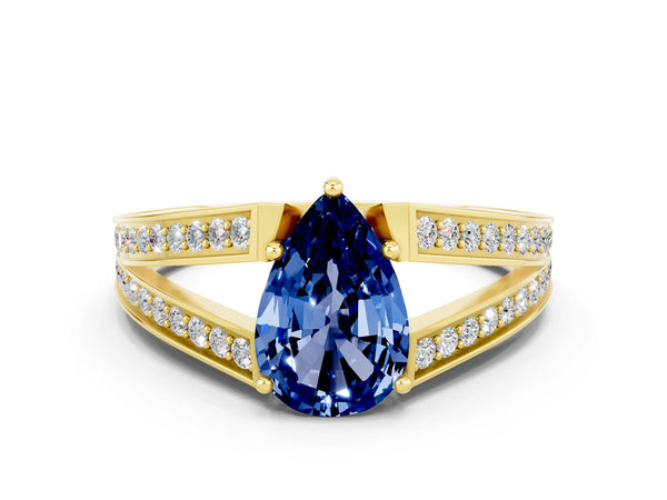 Yellow gold Pear Cut Blue Sapphire Split Shank Ring with Pavé Band and Four-Prong Setting