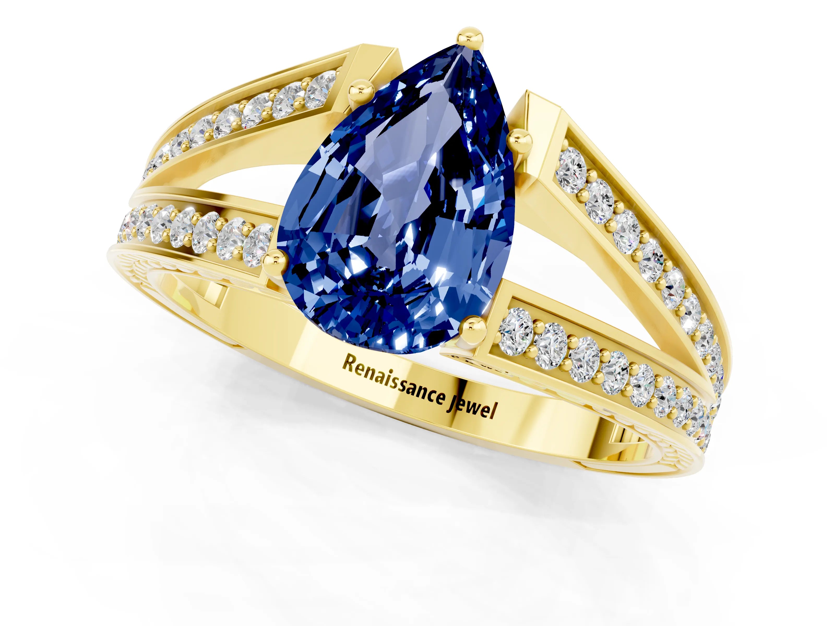 Yellow gold Pear Cut Blue Sapphire Split Shank Ring with Pavé Band and Four-Prong Setting_1
