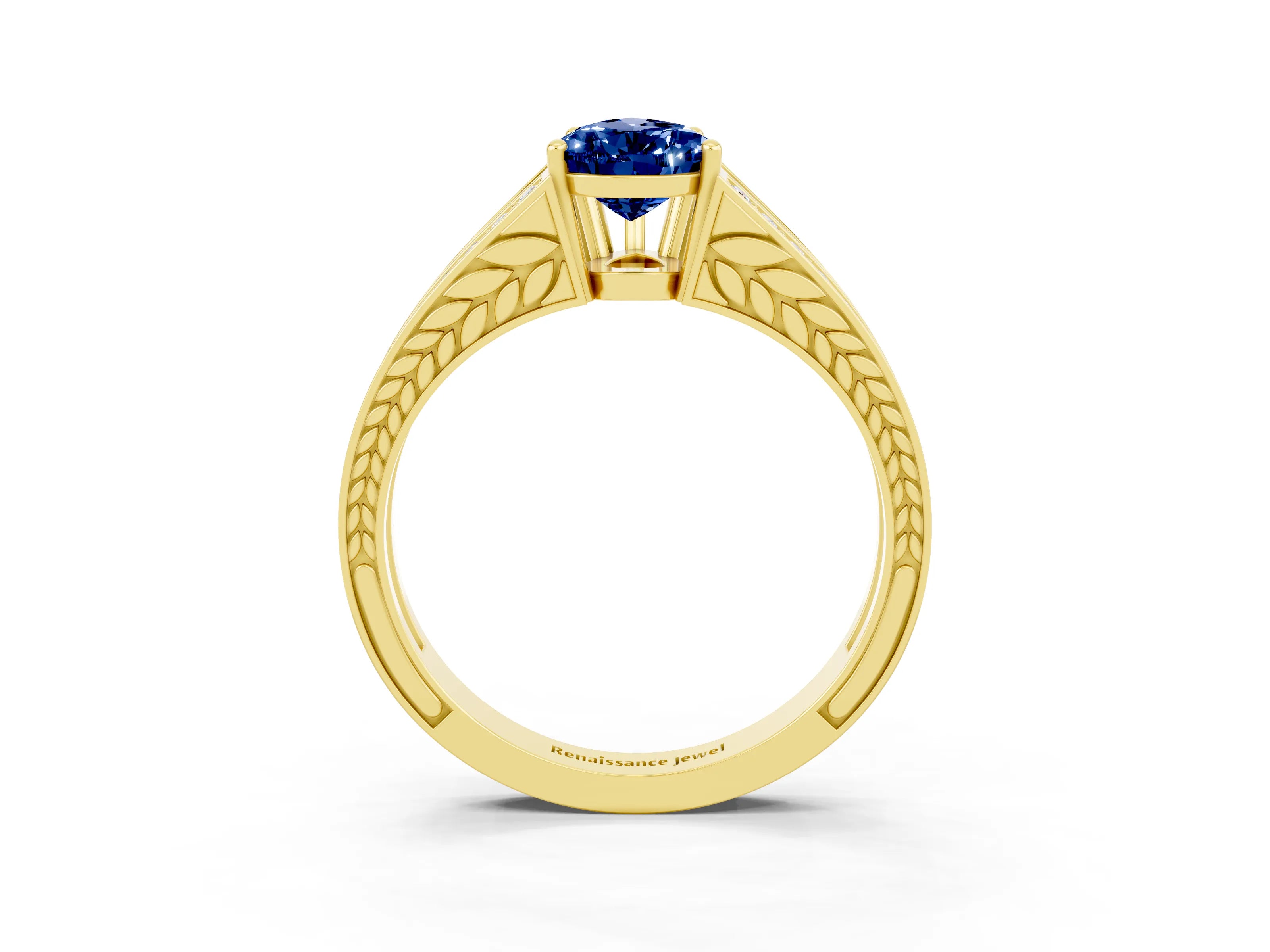 Yellow gold Pear Cut Blue Sapphire Split Shank Ring with Pavé Band and Four-Prong Setting_3