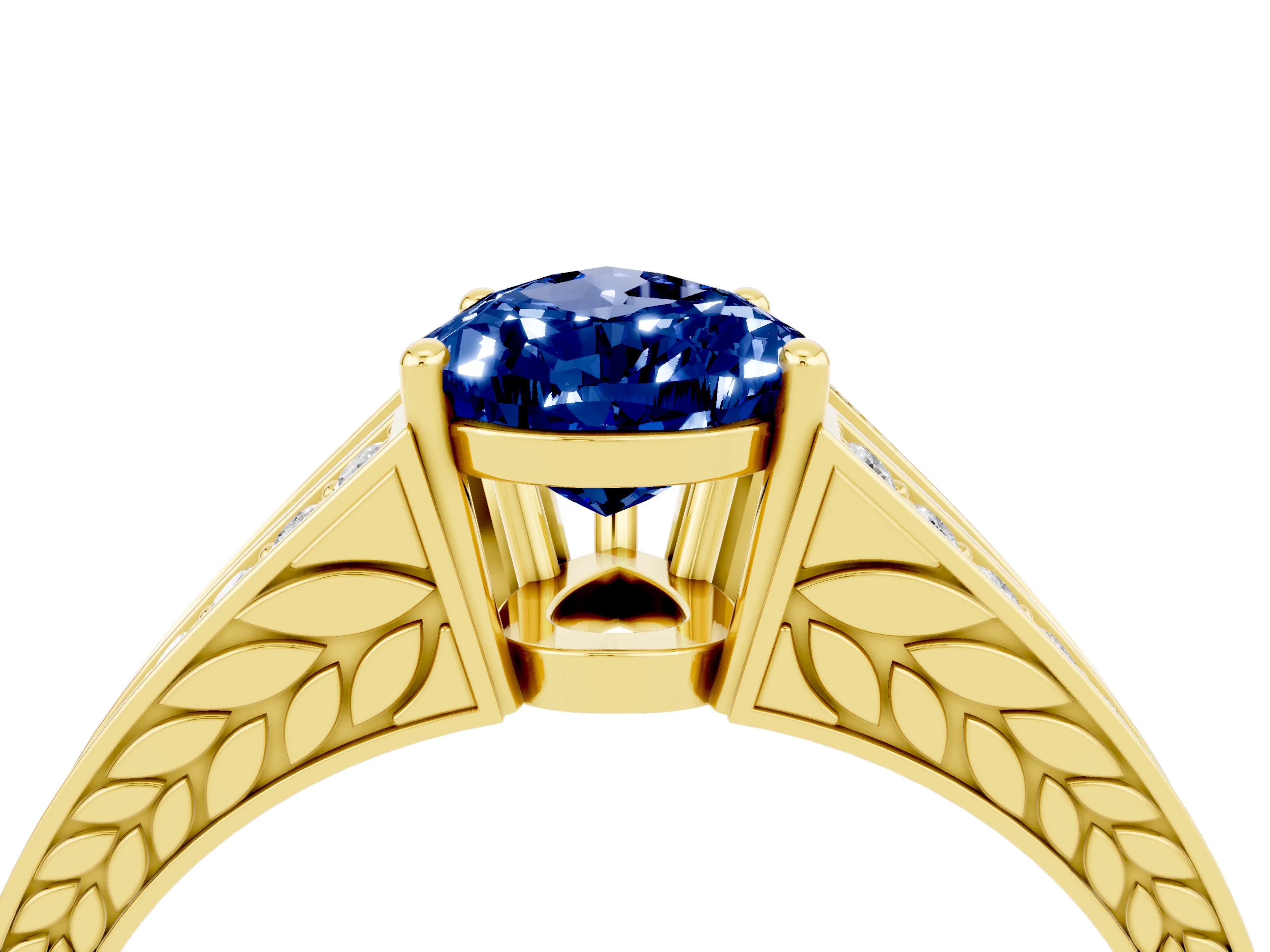 Yellow gold Pear Cut Blue Sapphire Split Shank Ring with Pavé Band and Four-Prong Setting_4