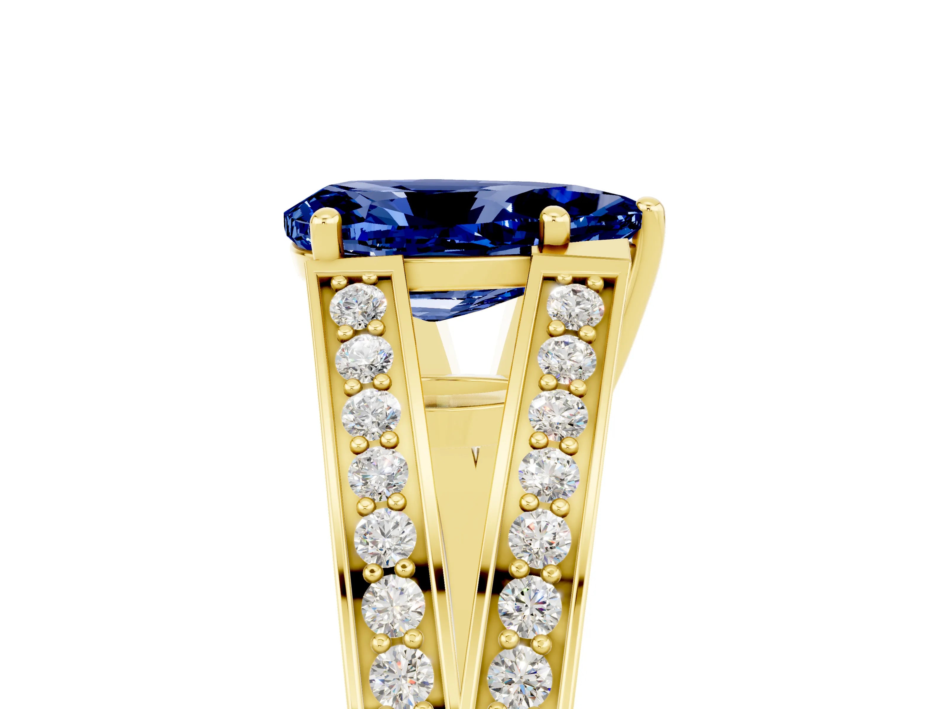 Yellow gold Pear Cut Blue Sapphire Split Shank Ring with Pavé Band and Four-Prong Setting_5