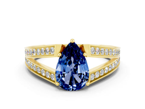 Yellow gold Pear Cut Blue Sapphire Split Shank Ring with Pavé Band and Four-Prong Setting