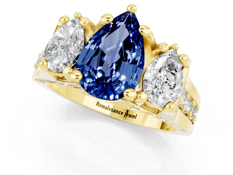 Yellow gold Pear Cut Blue Sapphire Three-Stone Ring with Channel Set Band and Four-Prong Setting_1