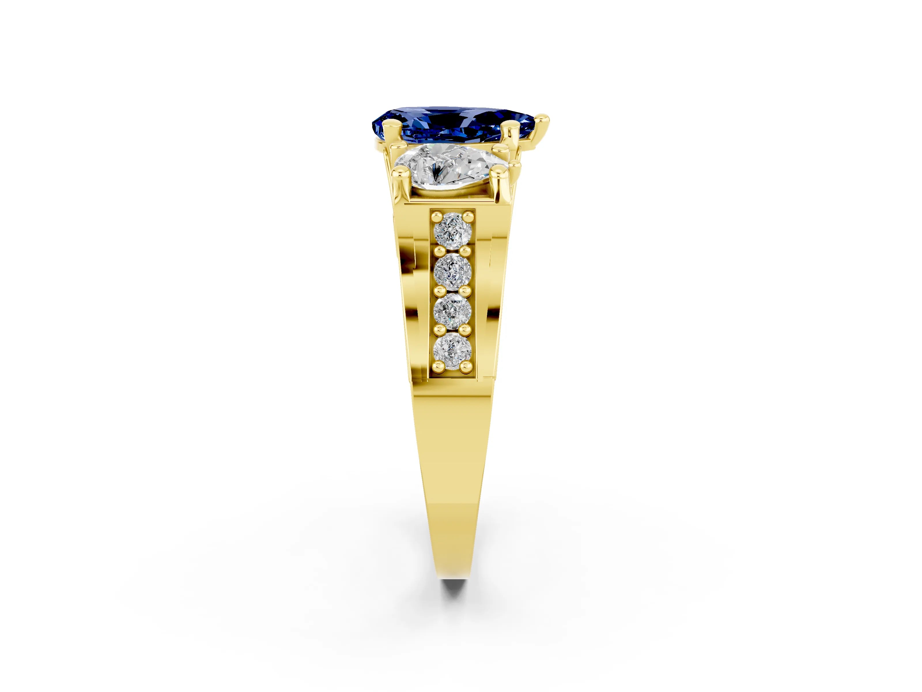 Yellow gold Pear Cut Blue Sapphire Three-Stone Ring with Channel Set Band and Four-Prong Setting_2