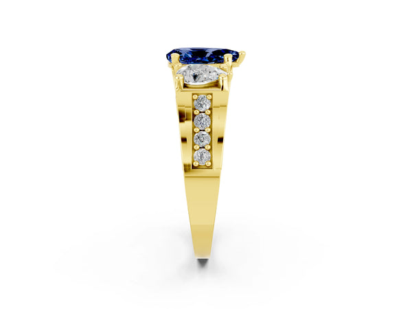 Yellow gold Pear Cut Blue Sapphire Three-Stone Ring with Channel Set Band and Four-Prong Setting