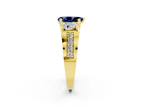 Yellow gold Pear Cut Blue Sapphire Three-Stone Ring with Channel Set Band and Four-Prong Setting_2