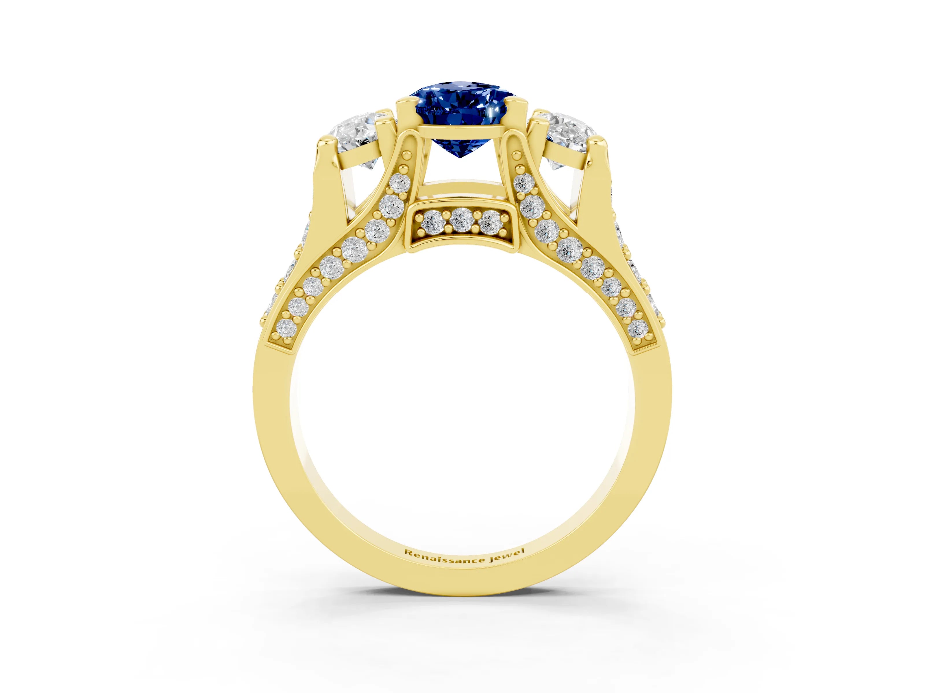 Yellow gold Pear Cut Blue Sapphire Three-Stone Ring with Channel Set Band and Four-Prong Setting_3