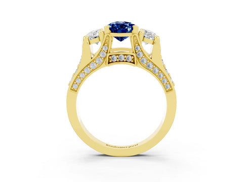Yellow gold Pear Cut Blue Sapphire Three-Stone Ring with Channel Set Band and Four-Prong Setting_3