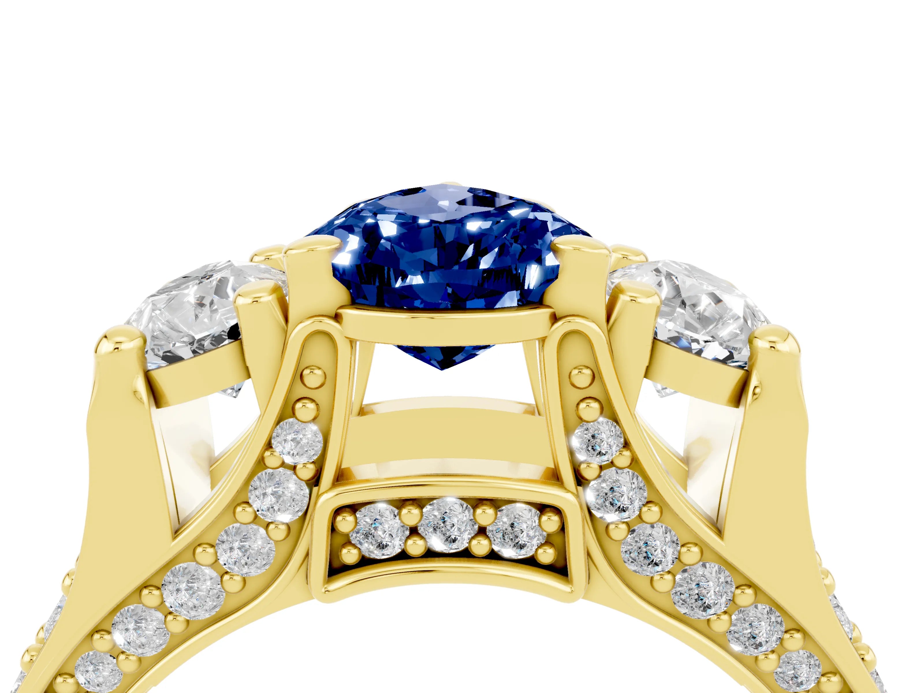 Yellow gold Pear Cut Blue Sapphire Three-Stone Ring with Channel Set Band and Four-Prong Setting_4