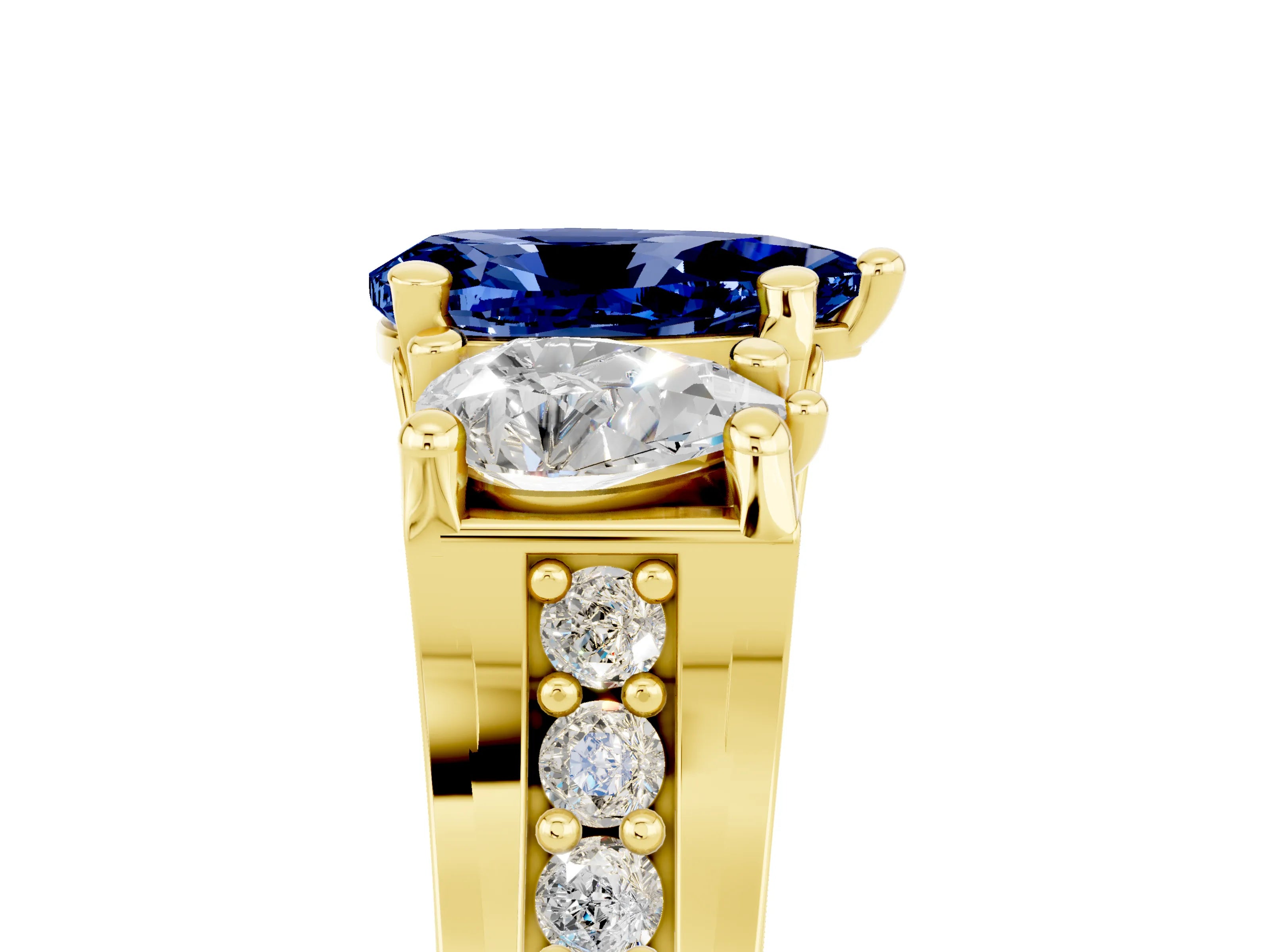 Yellow gold Pear Cut Blue Sapphire Three-Stone Ring with Channel Set Band and Four-Prong Setting_5