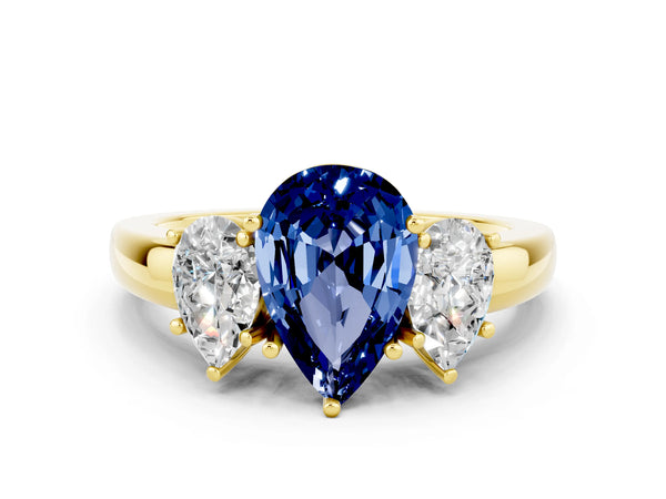 Yellow gold Pear Cut Blue Sapphire Three-Stone Ring with Four-Prong Setting and Classic Band