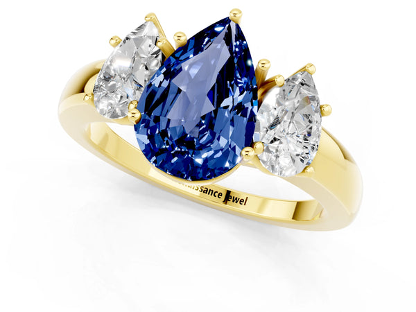 Yellow gold Pear Cut Blue Sapphire Three-Stone Ring with Four-Prong Setting and Classic Band