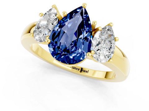 Yellow gold Pear Cut Blue Sapphire Three-Stone Ring with Four-Prong Setting and Classic Band_1