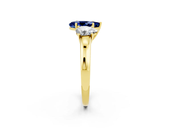 Yellow gold Pear Cut Blue Sapphire Three-Stone Ring with Four-Prong Setting and Classic Band