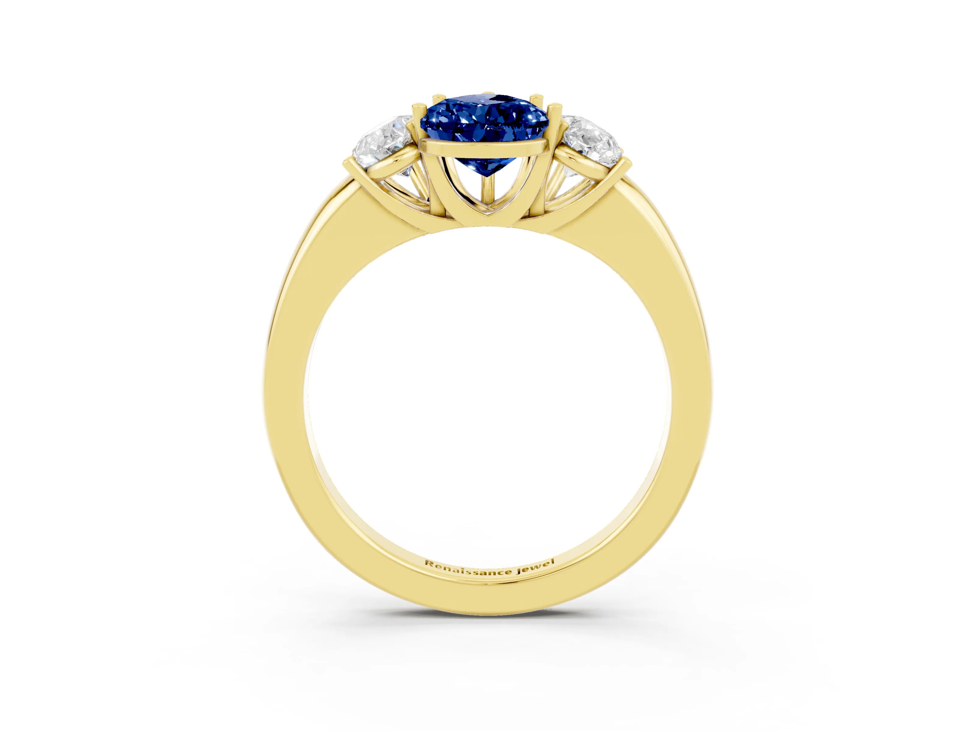 Yellow gold Pear Cut Blue Sapphire Three-Stone Ring with Four-Prong Setting and Classic Band_3
