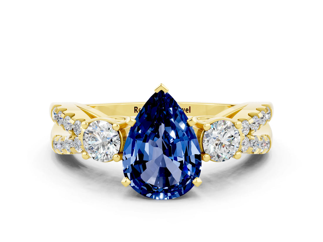 Yellow gold Pear Cut Blue Sapphire Three-Stone Ring with Pavé Split Shank and Four-Prong Setting_12