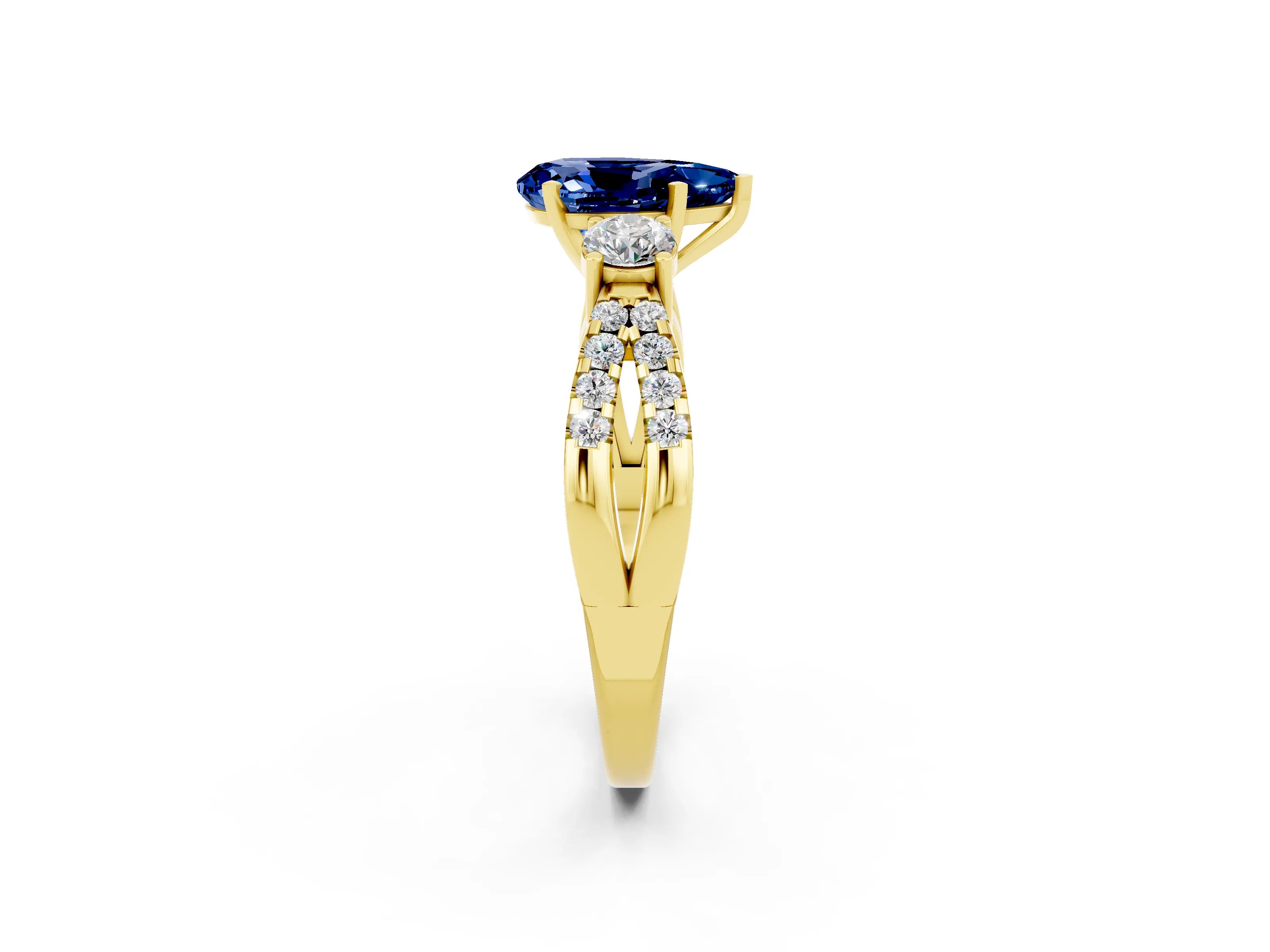 Yellow gold Pear Cut Blue Sapphire Three-Stone Ring with Pavé Split Shank and Four-Prong Setting_14