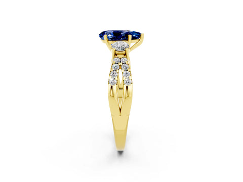 Yellow gold Pear Cut Blue Sapphire Three-Stone Ring with Pavé Split Shank and Four-Prong Setting_14
