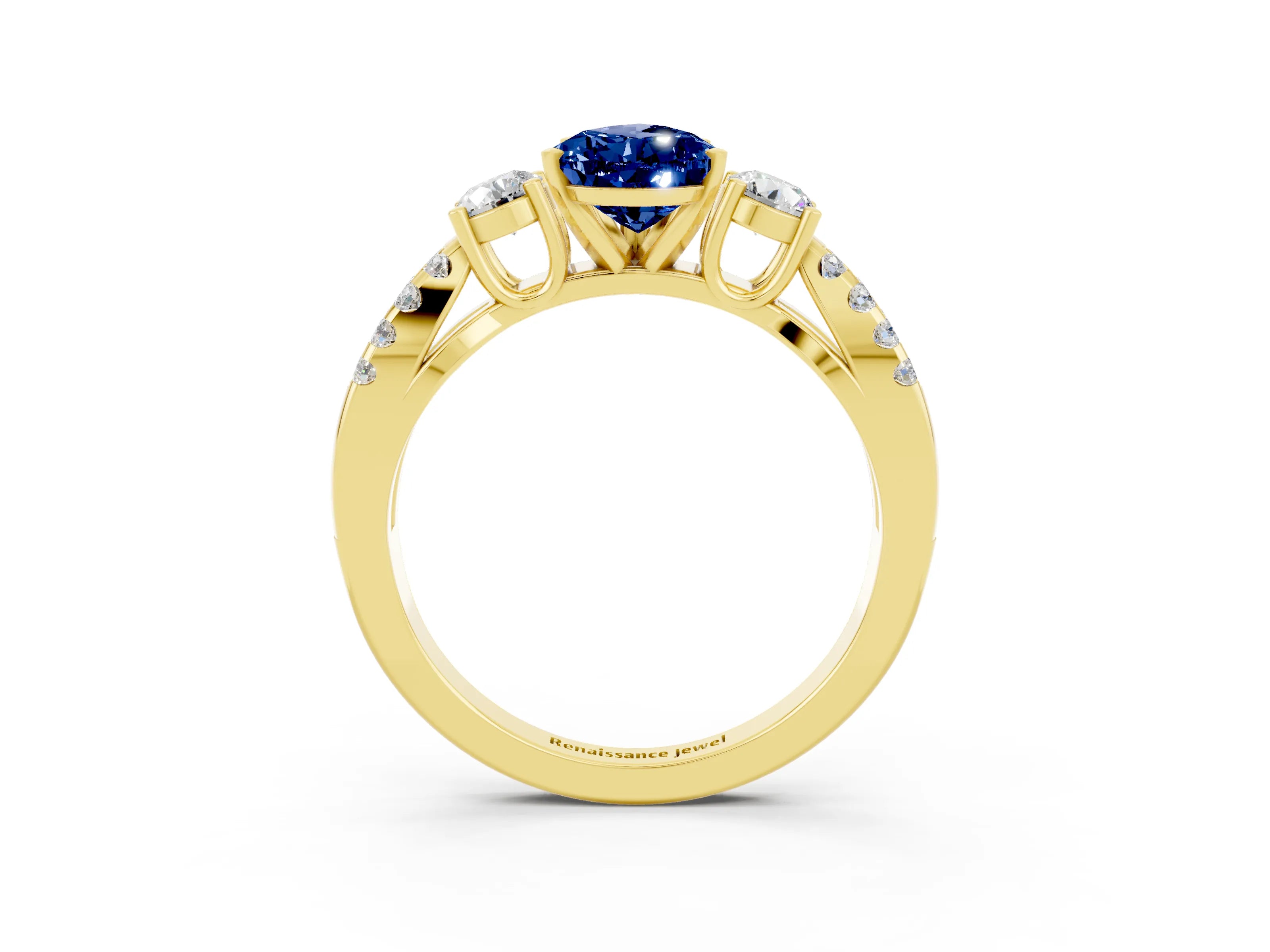 Yellow gold Pear Cut Blue Sapphire Three-Stone Ring with Pavé Split Shank and Four-Prong Setting_15