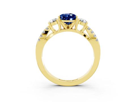 Yellow gold Pear Cut Blue Sapphire Three-Stone Ring with Pavé Split Shank and Four-Prong Setting_15