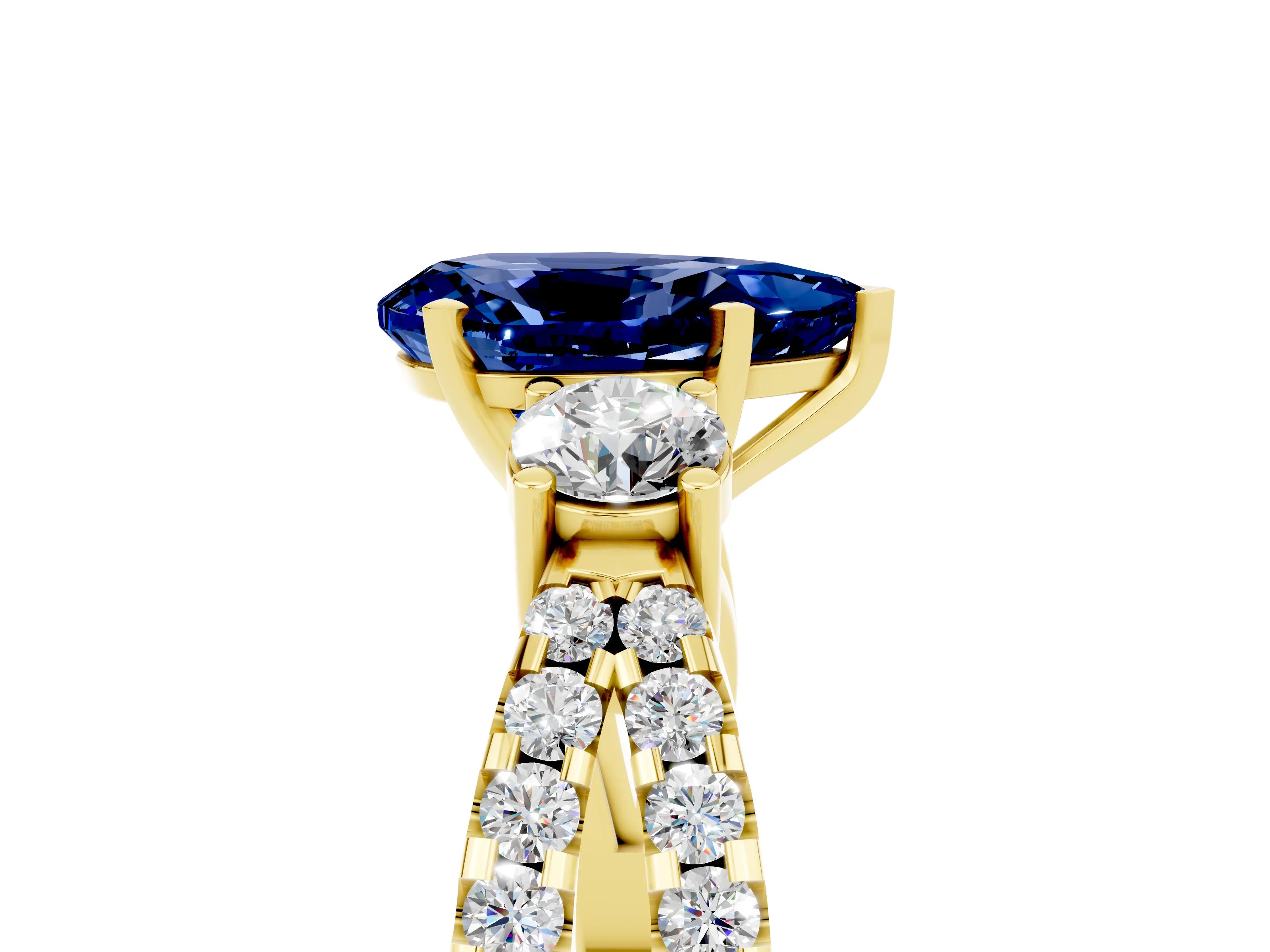 Yellow gold Pear Cut Blue Sapphire Three-Stone Ring with Pavé Split Shank and Four-Prong Setting_17