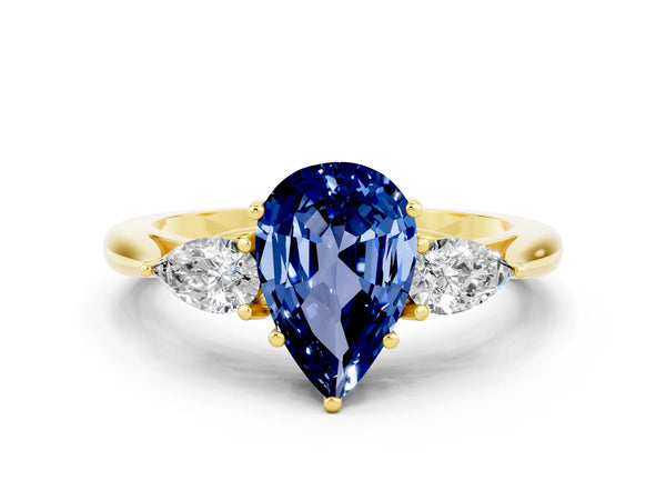 Yellow gold Pear Cut Blue Sapphire Three-Stone Ring with Pear  Side Stones and Prong Setting
