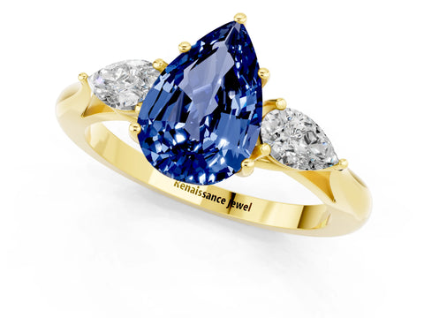 Yellow gold Pear Cut Blue Sapphire Three-Stone Ring with Pear Side Stones and Four-Prong Setting_13