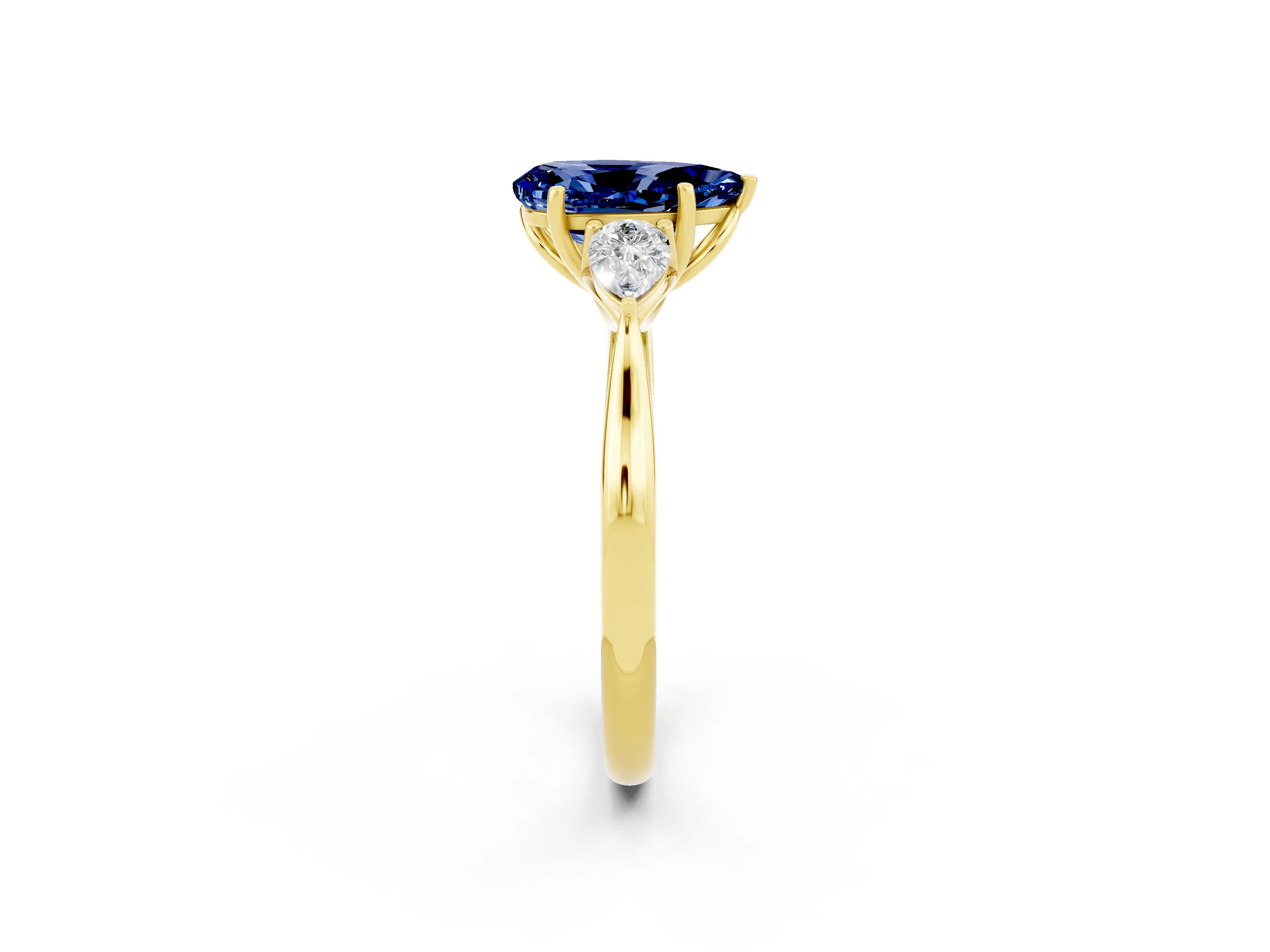 Yellow gold Pear Cut Blue Sapphire Three-Stone Ring with Pear Side Stones and Four-Prong Setting_14
