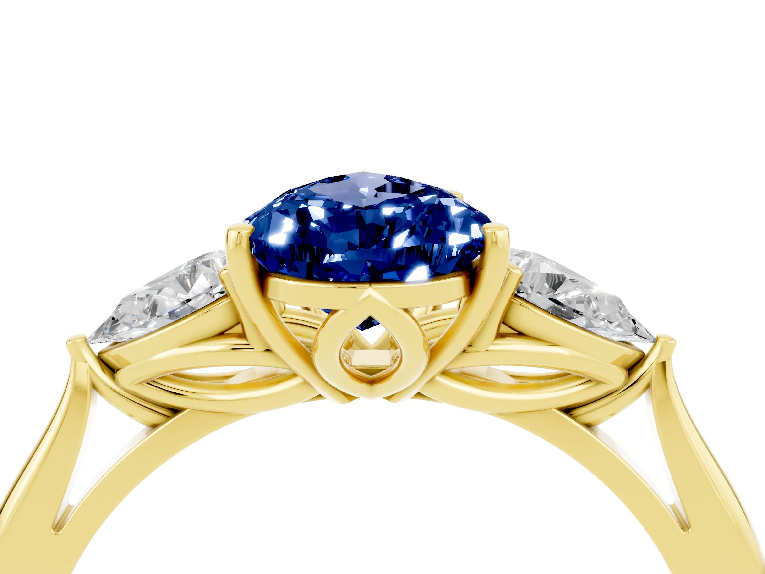 Yellow gold Pear Cut Blue Sapphire Three-Stone Ring with Pear Side Stones and Four-Prong Setting_16