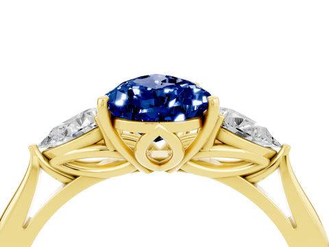 Yellow gold Pear Cut Blue Sapphire Three-Stone Ring with Pear Side Stones and Four-Prong Setting_16