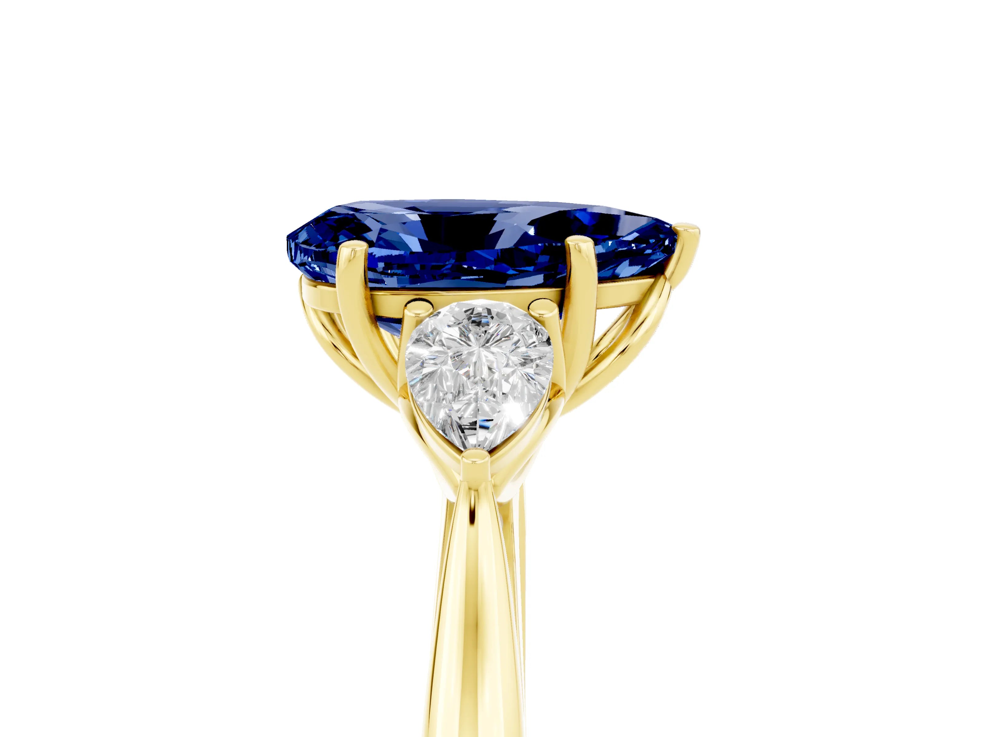 Yellow gold Pear Cut Blue Sapphire Three-Stone Ring with Pear Side Stones and Four-Prong Setting_17