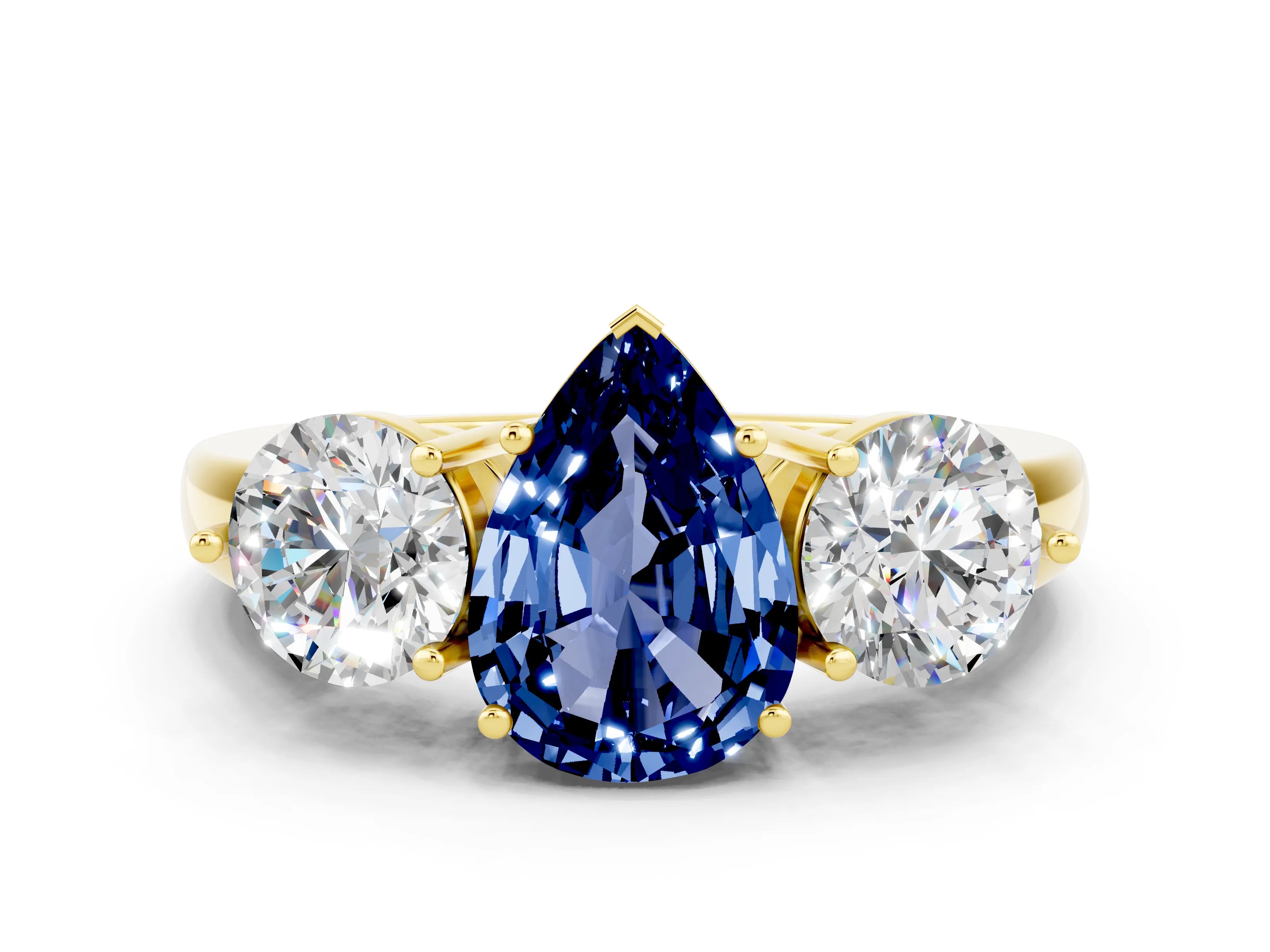 Yellow gold Pear Cut Blue Sapphire Three-Stone Ring with Prong Setting and Classic Band