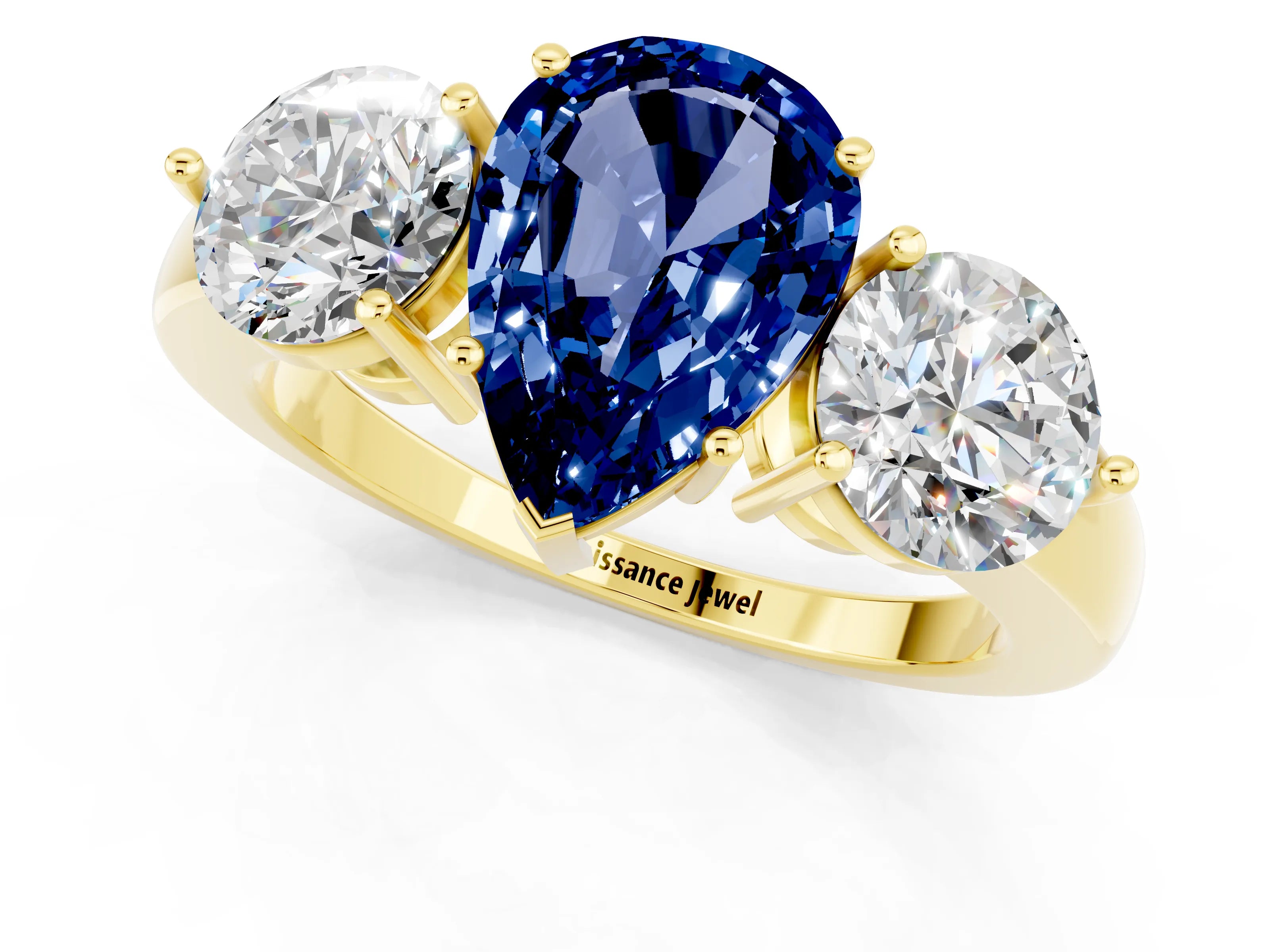 Yellow gold Pear Cut Blue Sapphire Three-Stone Ring with Prong Setting and Classic Band_1