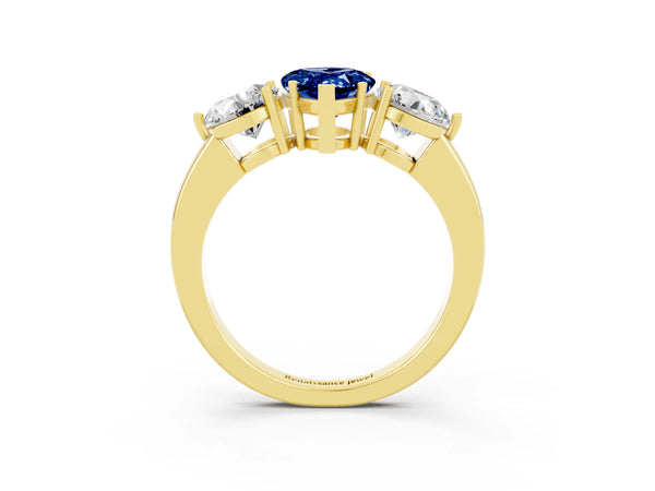 Yellow gold Pear Cut Blue Sapphire Three-Stone Ring with Prong Setting and Classic Band