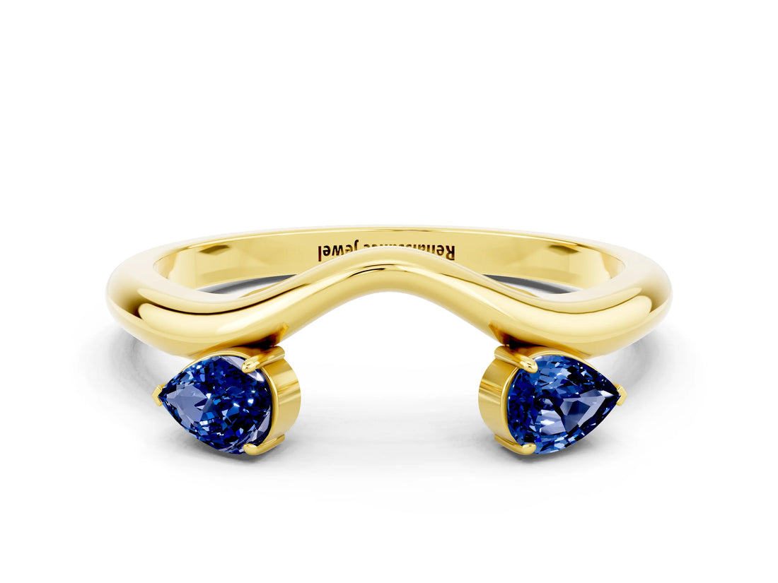 Yellow gold Pear Cut Blue Sapphire Two-Stone Open Band Ring with Prong Setting_6