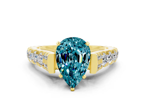 Yellow gold Pear Cut Blue Topaz Classic Solitaire Ring with Pavé Band and Four-Prong Setting