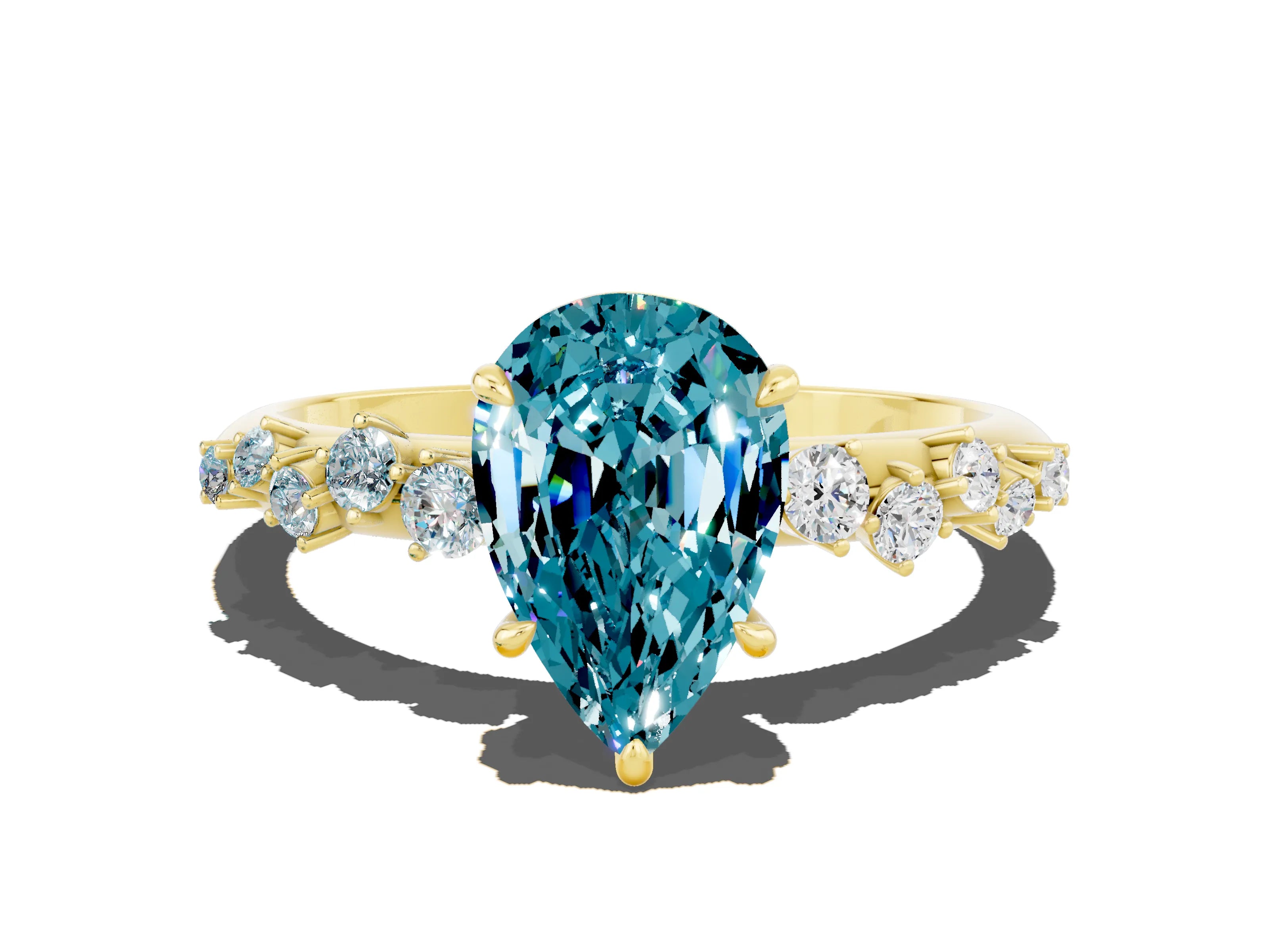 Yellow gold Pear Cut Blue Topaz Cluster Side Stone Solitaire Ring with Prong Setting_24