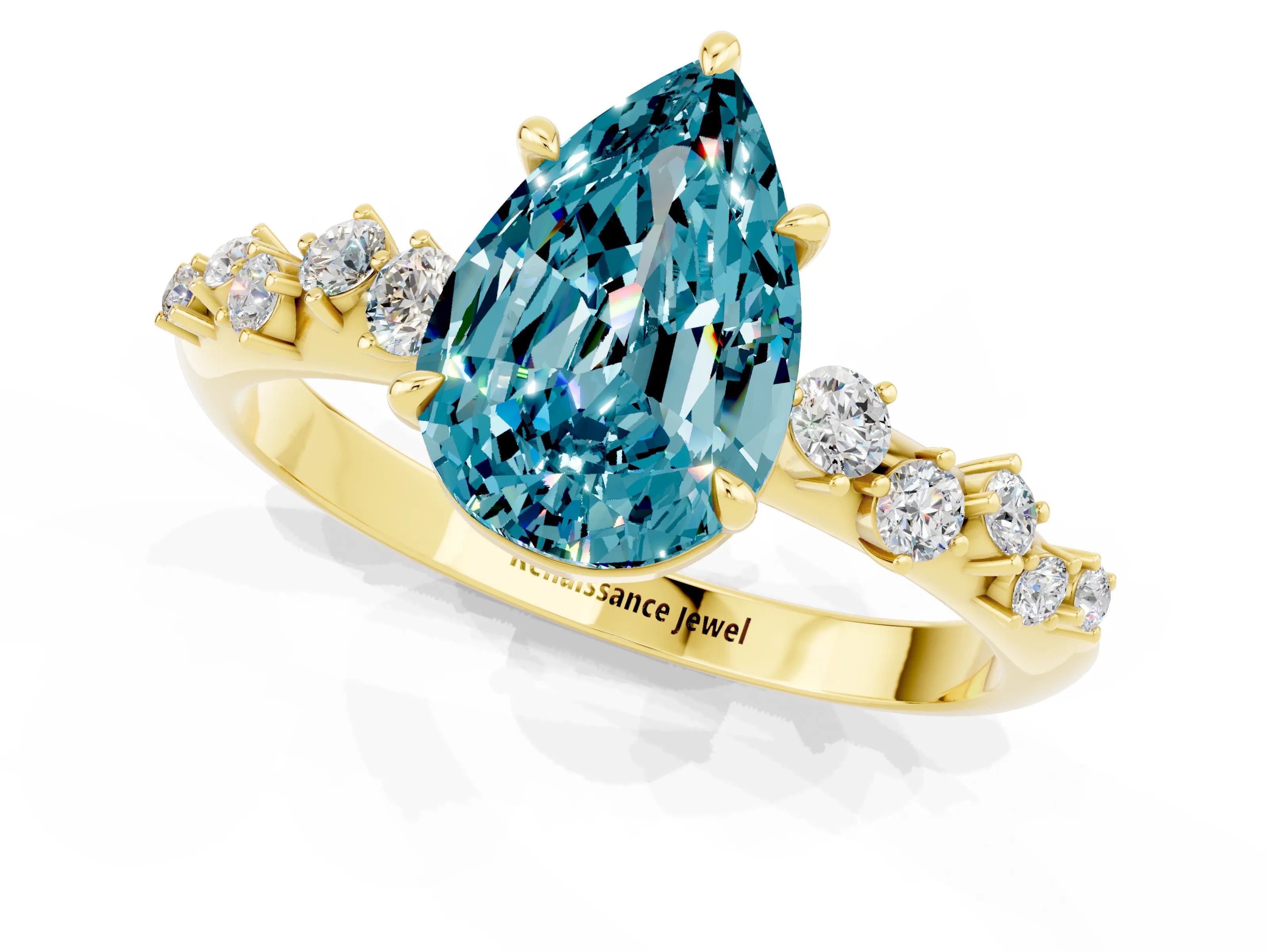Yellow gold Pear Cut Blue Topaz Cluster Side Stone Solitaire Ring with Prong Setting_25