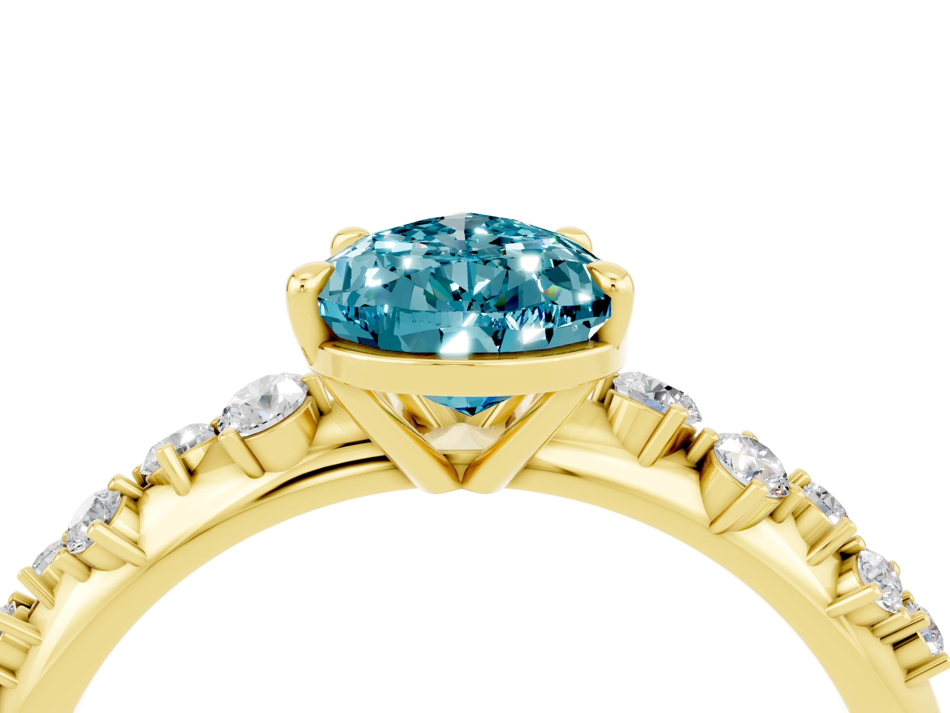 Yellow gold Pear Cut Blue Topaz Cluster Side Stone Solitaire Ring with Prong Setting_28