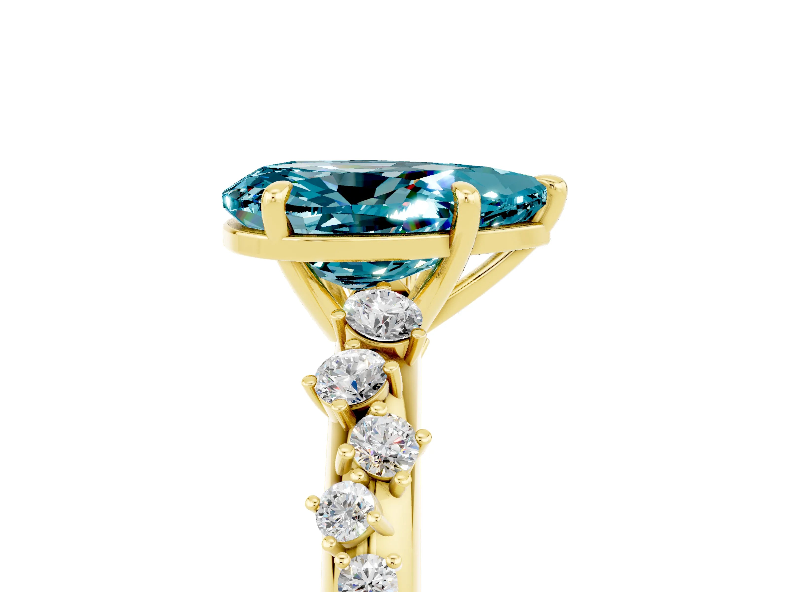Yellow gold Pear Cut Blue Topaz Cluster Side Stone Solitaire Ring with Prong Setting_29