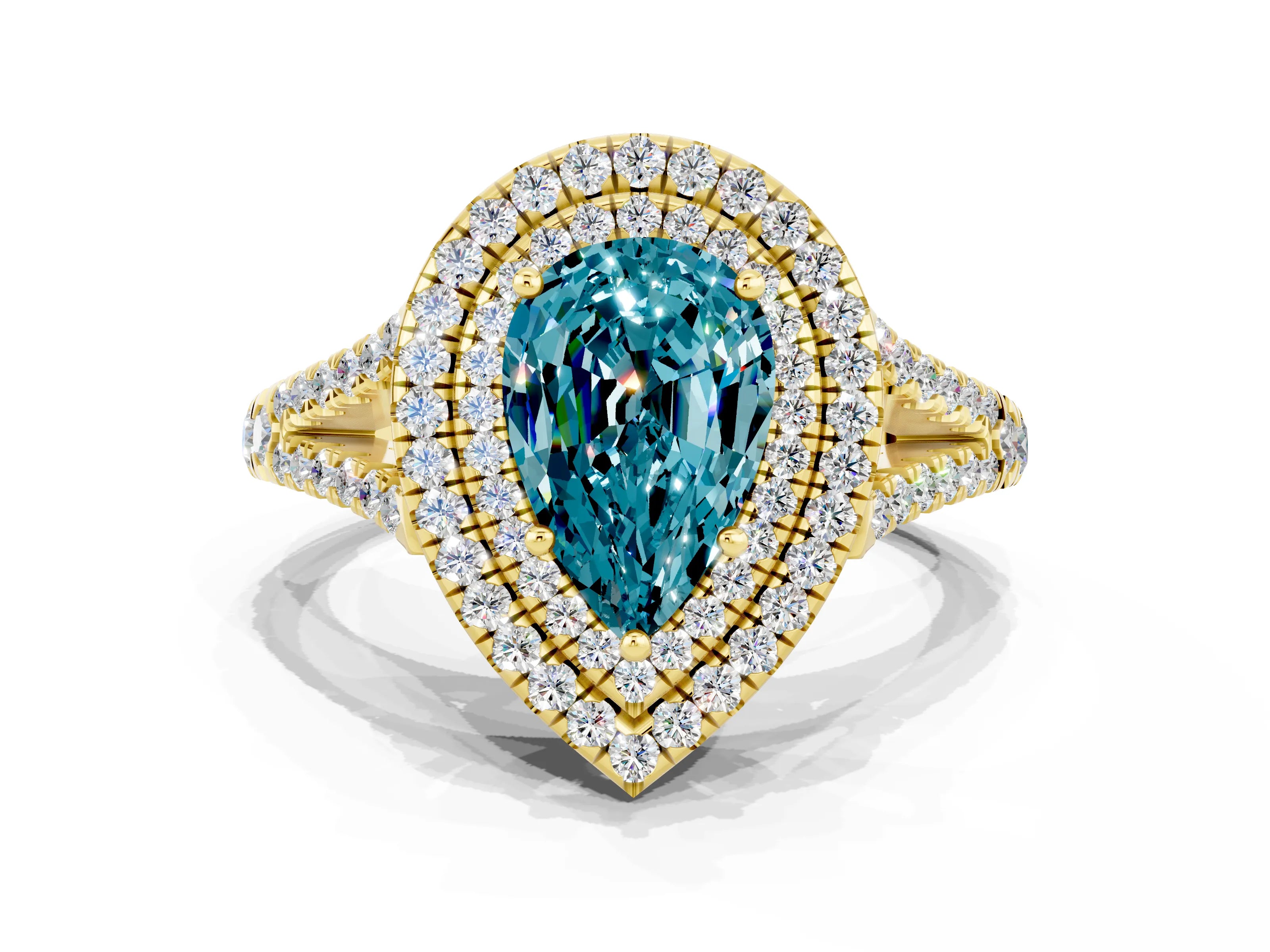 Yellow gold Pear Cut Blue Topaz Double Halo Ring with Pavé Band and Prong Setting_12