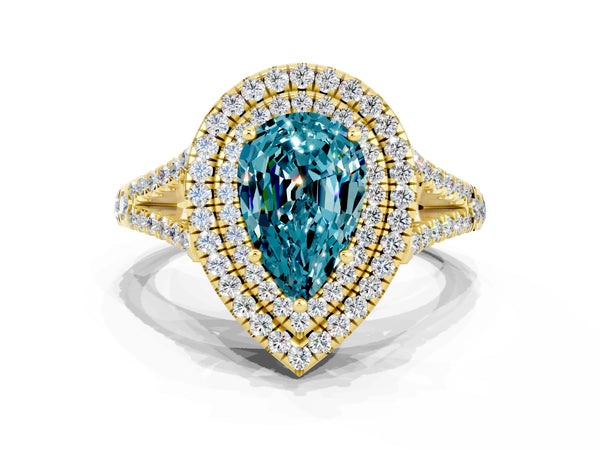 Yellow gold Pear Cut Blue Topaz Double Halo Ring with Pavé Band and Prong Setting