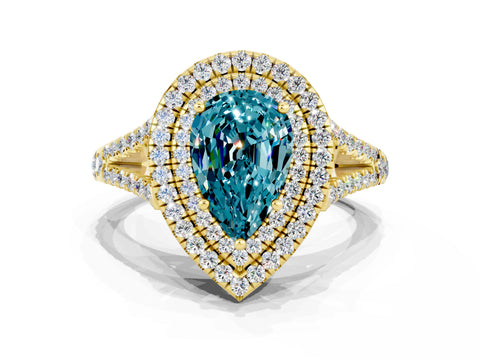 Yellow gold Pear Cut Blue Topaz Double Halo Ring with Pavé Band and Prong Setting_12