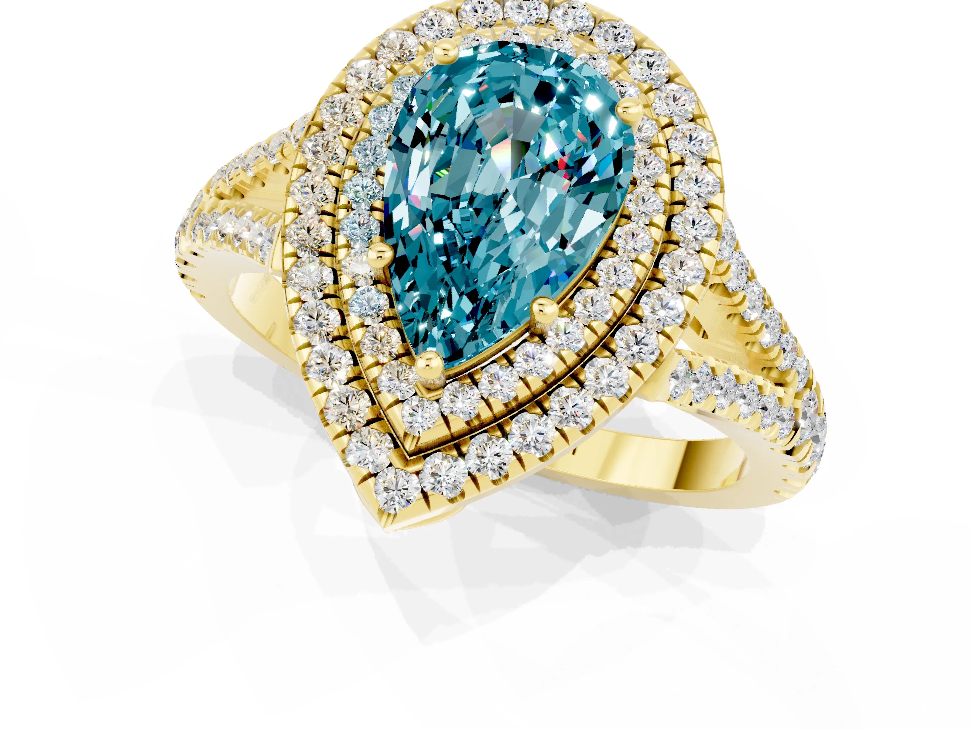 Yellow gold Pear Cut Blue Topaz Double Halo Ring with Pavé Band and Prong Setting_13