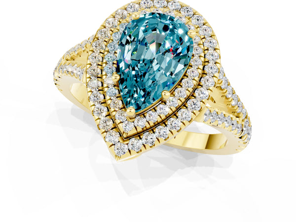Yellow gold Pear Cut Blue Topaz Double Halo Ring with Pavé Band and Prong Setting