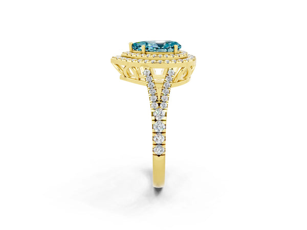 Yellow gold Pear Cut Blue Topaz Double Halo Ring with Pavé Band and Prong Setting